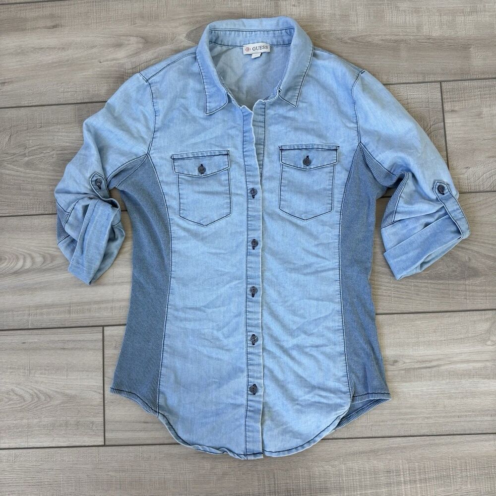 Guess Womens Light Wash Denim Button Down Shirt Ribbed Side Panels Blue Size S